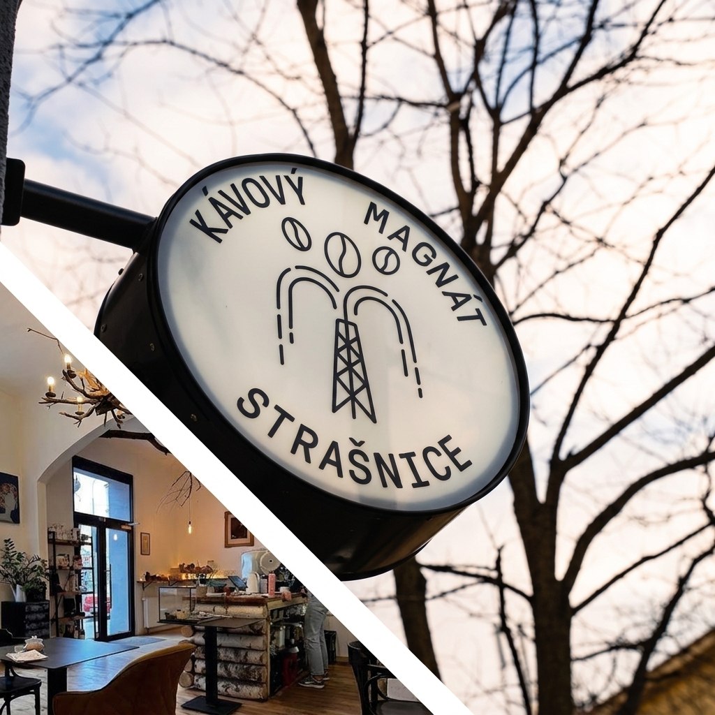 Kávový magnát Strašnice — cedule a interiér kavárny