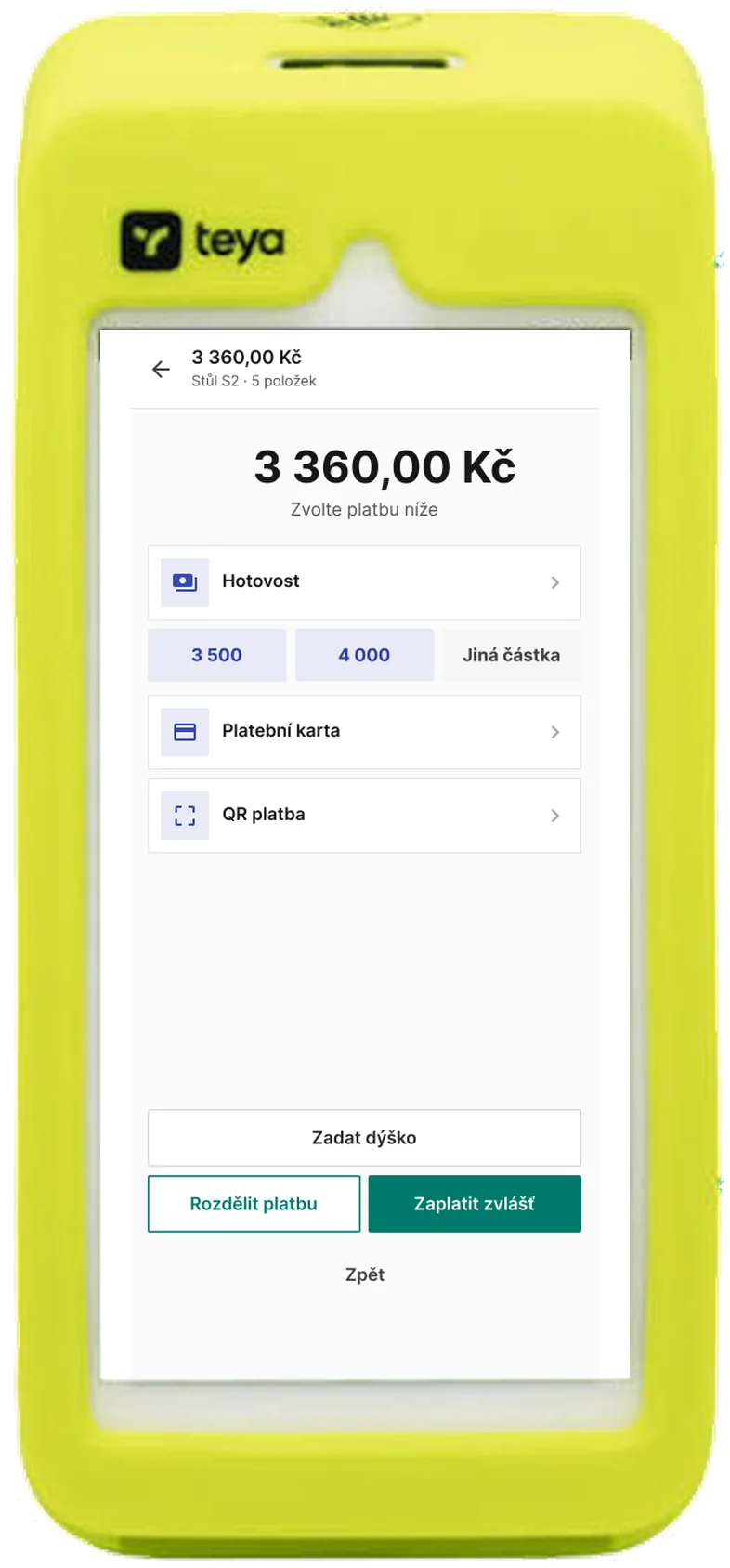 Výběr způsobu platby v terminálu Teya