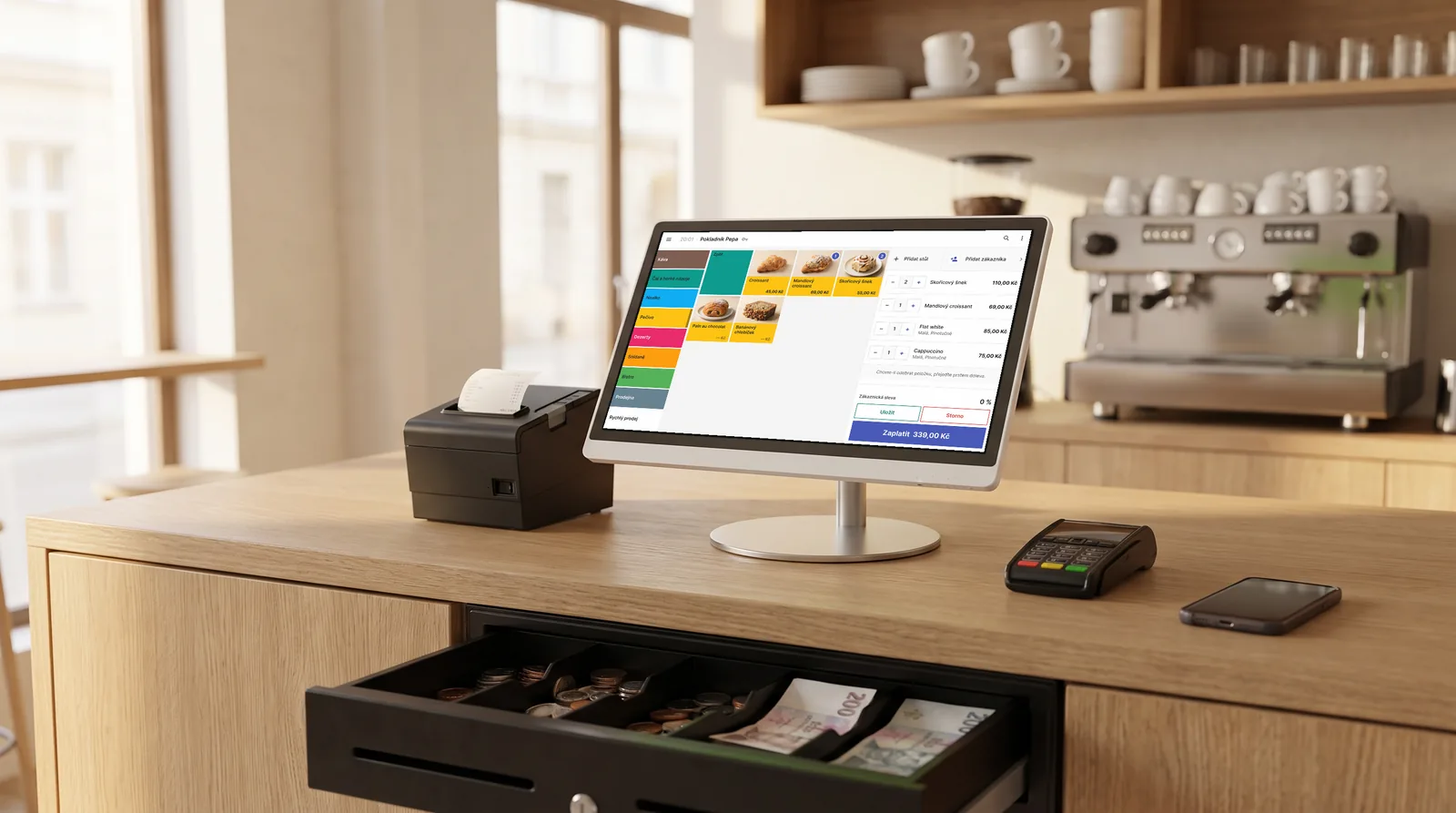 Smable cash register on a café counter with receipt printer, payment terminal, and cash drawer
